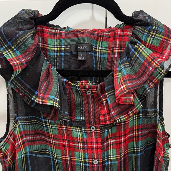 J. Crew Tartan Plaid Ruffle Neckline Sleeveless Top - Picture 4 of 9